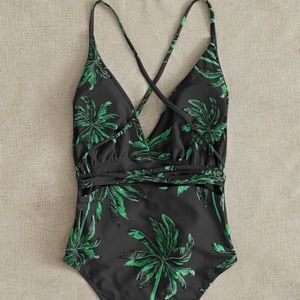 Tropical Tie Front Plunging One Piece Swimsuit